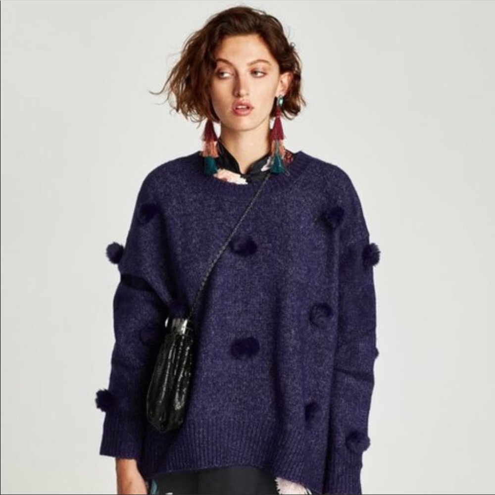Zara Oversized Pom Pom Embellished Sweater